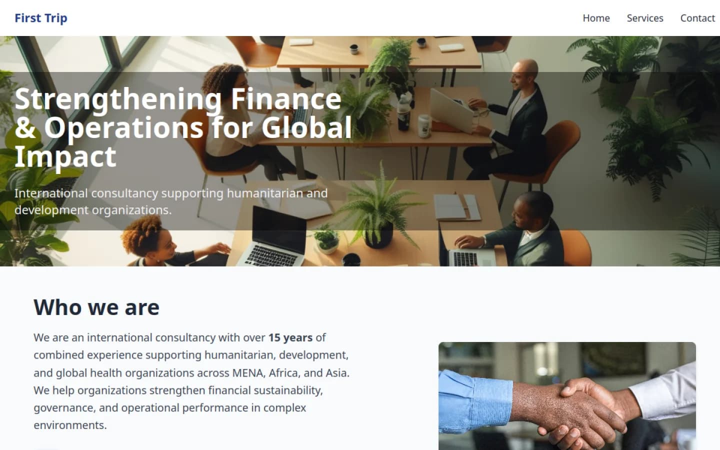 First Trip consultancy website landing page