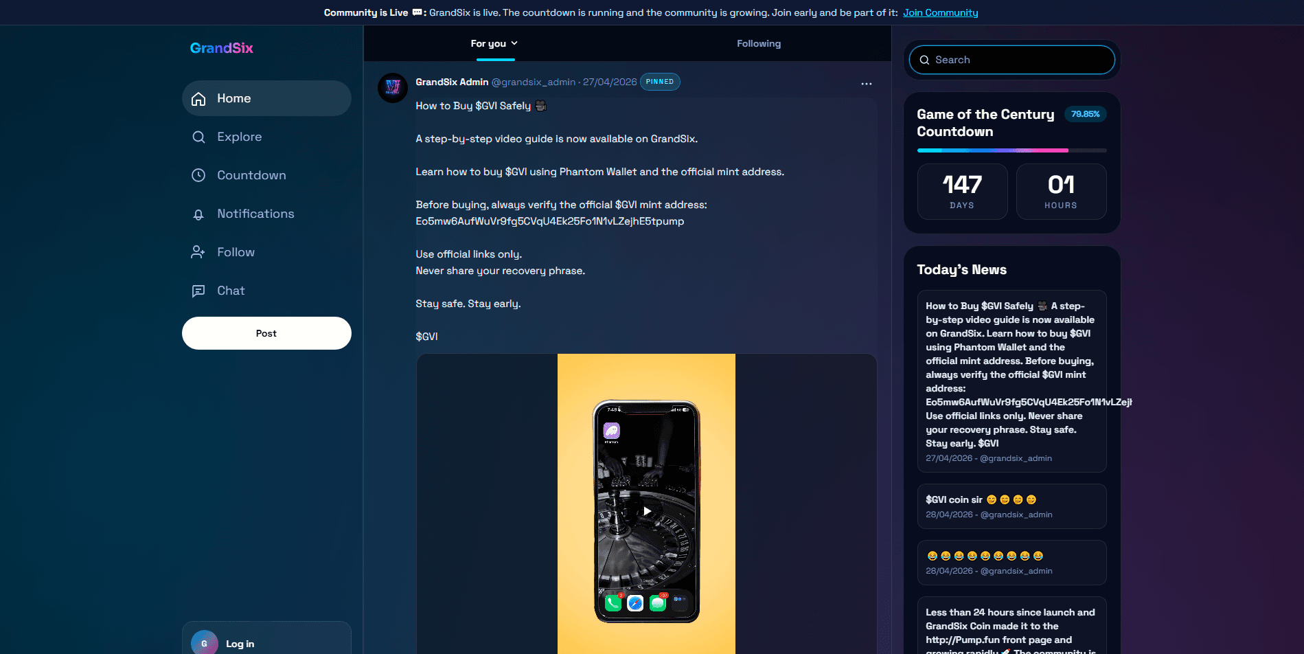GrandSix social platform feed and navigation interface